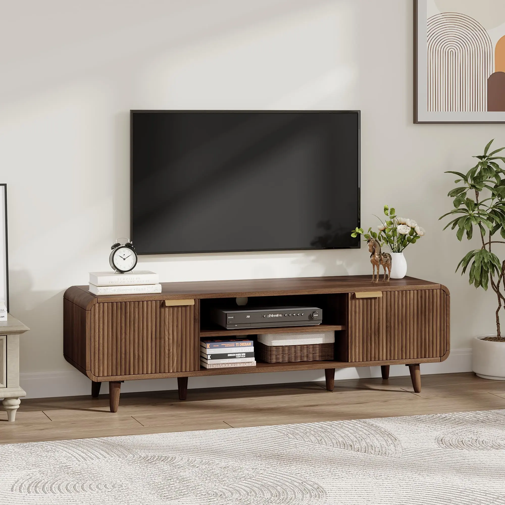 Mid-Century Modern TV Stand & Media Console - Fluted Sliding Doors, Open Shelves, Storage for 32/45/55/65 in TVs - Red Walnut