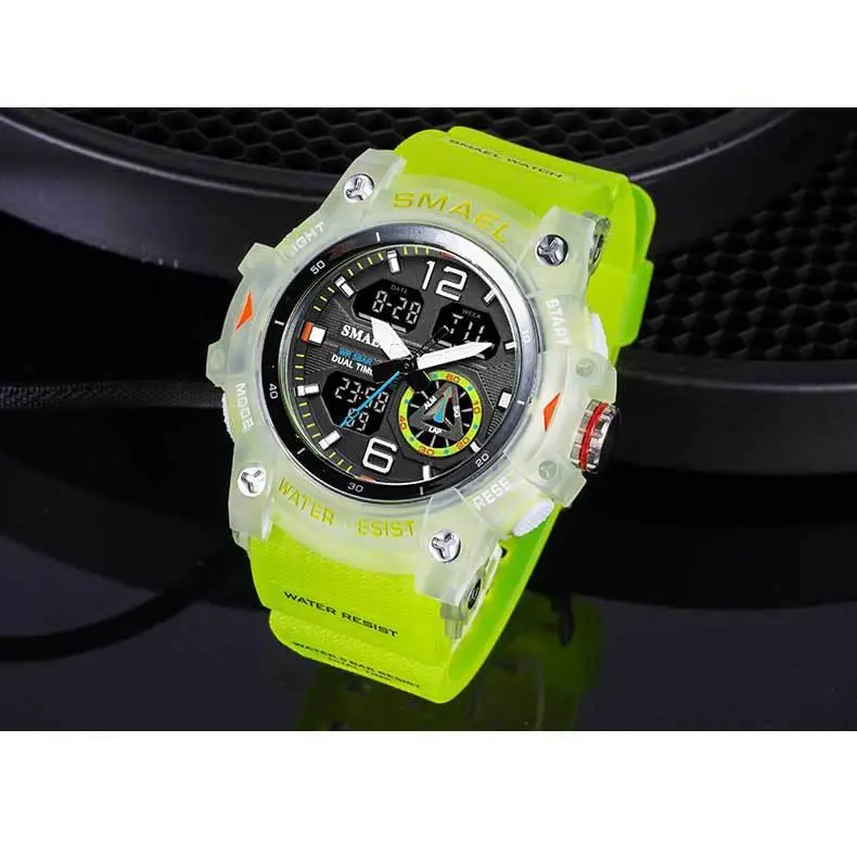Unisex Modern Translucent Digital-Analog Sports Watch - 50mm Large Round Plastic Case, PU Leather-Polyurethane Strap, Luminous, 50M Water Resistant for Swimming, Showering, Large Size