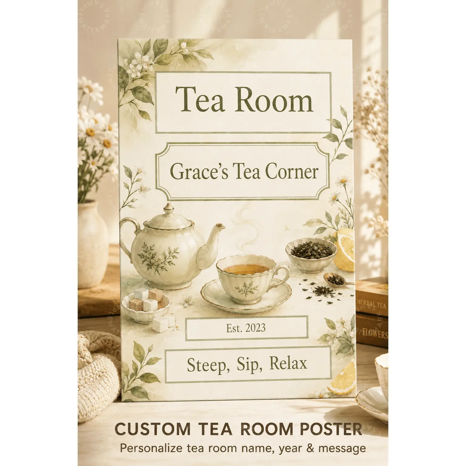 Custom Tea Room Poster, Personalized Tea Lover Wall Art, Green Floral Teapot Decor, Cottagecore Kitchen Dining Room Aesthetic Poster, Bedroom Living Room Office Wall Decor Gift