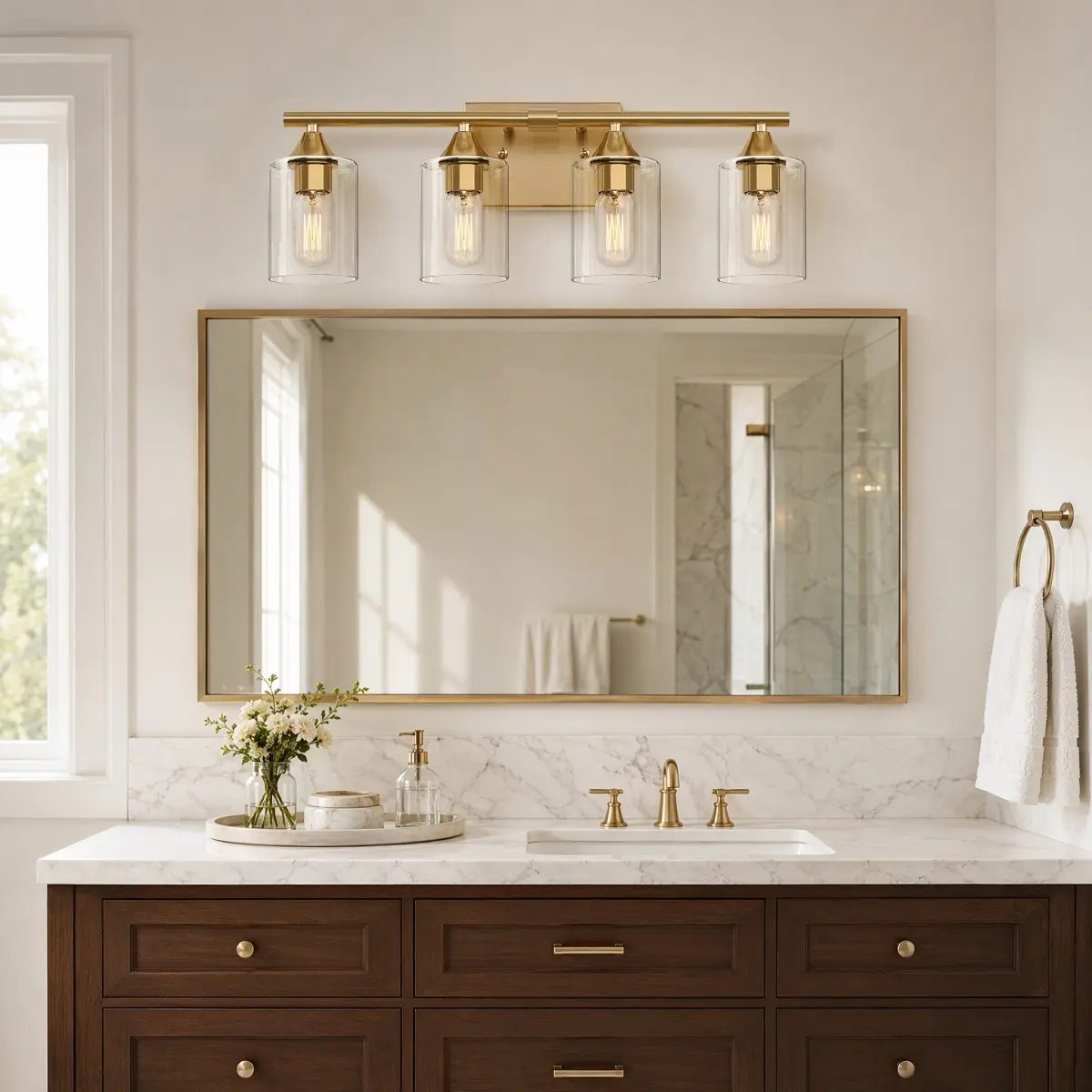 4-Light Brushed Gold Modern Farmhouse Vanity Wall Light, Metal Sconce with Clear Cylinder Glass Shade for Home & Hotel Bathroom(No light bulb)