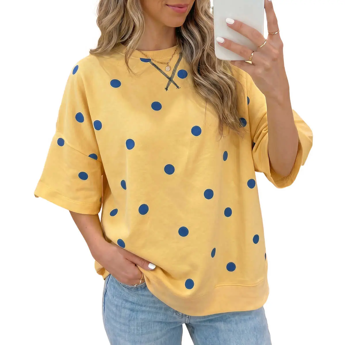 Oversized Polka Dot Tunic Top for Women, Casual Short Sleeve Loose Fit Tee with Crew Neck Stitch Detail, Soft Fabric, Clothes For Women