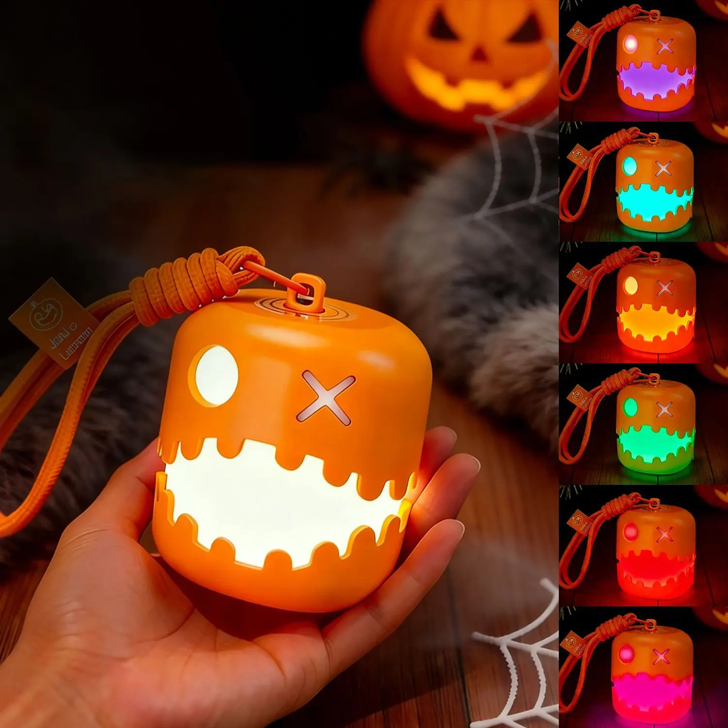 7 Color Adjustable Pumpkin Lantern, Jack-O'-Lantern, with 2 Expressions, 1200mAh Rechargeable Night Light, Halloween Decor, Desk Decoration, Gift for Kids Friends