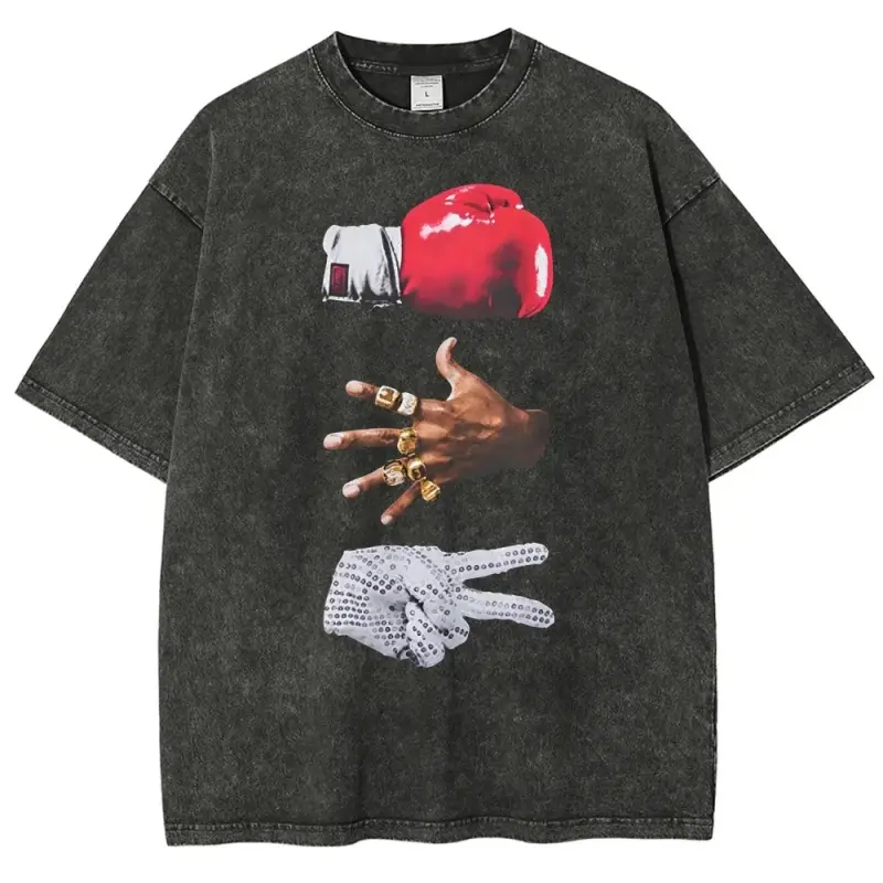 Men's Retro Hip Hop Boxing Graphic T-Shirt, Vintage Washed Heavyweight Cotton, Oversized Loose Fit Shortsleeve Casual Top, Tops, Baggy, Menswear, Round Neck, Graphic Print, Oversized Fit, Cold Wash Dry