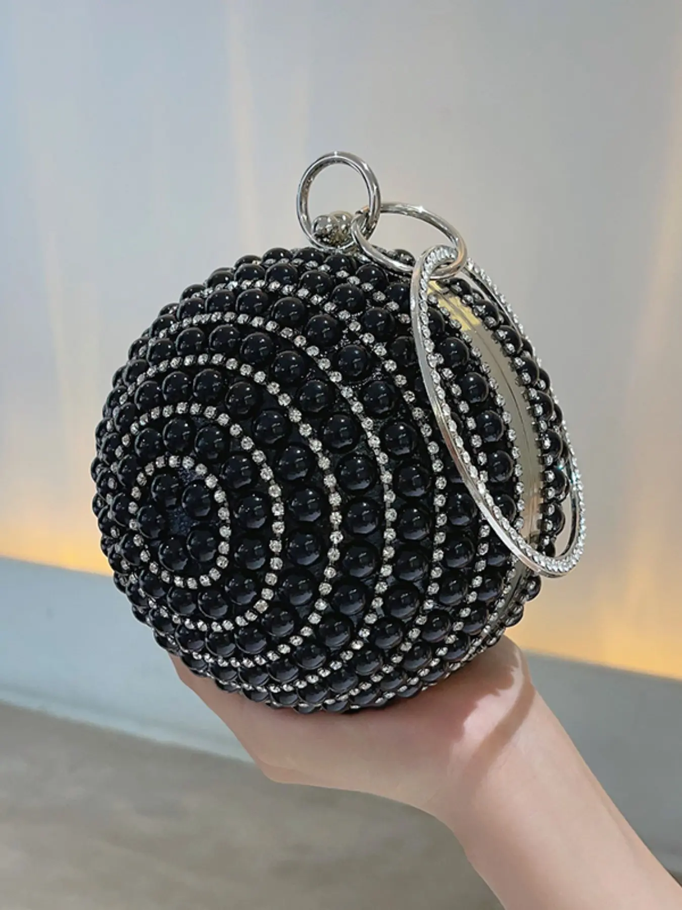 Pearl Ball Evening Bag, Luxurious Rhinestone Ring Bracelet, Chain Handbag for Weddings, Parties, Nightclubs, Dates, Women's Crossbody Bag