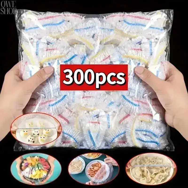 300Pcs Disposable Elastic Edge Food Freshness Wrap Covers - Stretchable Plastic Plate Bowl Lids, Insect Proof Multi-Use Storage Protector for Home Kitchen, Refrigerator, Picnic, Polyester