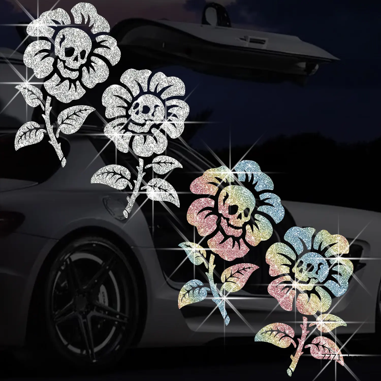 Gothic Floral Skull Decal Stickers, Holographic Rainbow Glitter Vinyl, Waterproof Halloween Decoration for Car Windows, Laptops & Bumpers
