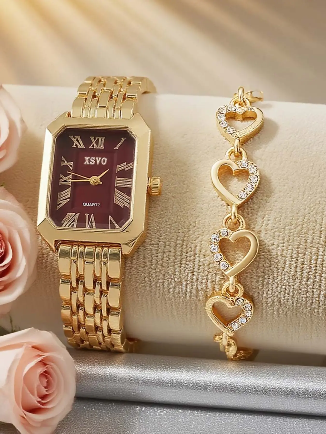Vintage Wine Dial Square Steel Band Watch Set, Heart Rhinestone Bracelet, Hong Kong Style Luxury, fashion quartz watch, No Gift Box Included