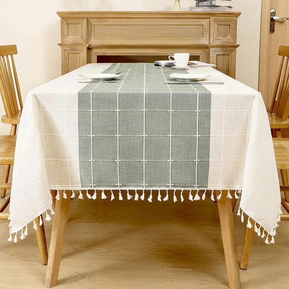 Rustic Cotton Linen Tablecloth 55x70 Inch, Farmhouse Tassel Fringe Design, Heavy Sturdy Weave, Fade & Stain Resistant, for Coffee Shop, Restaurant, Home Dining, Food, Heavy Weave, One-Piece