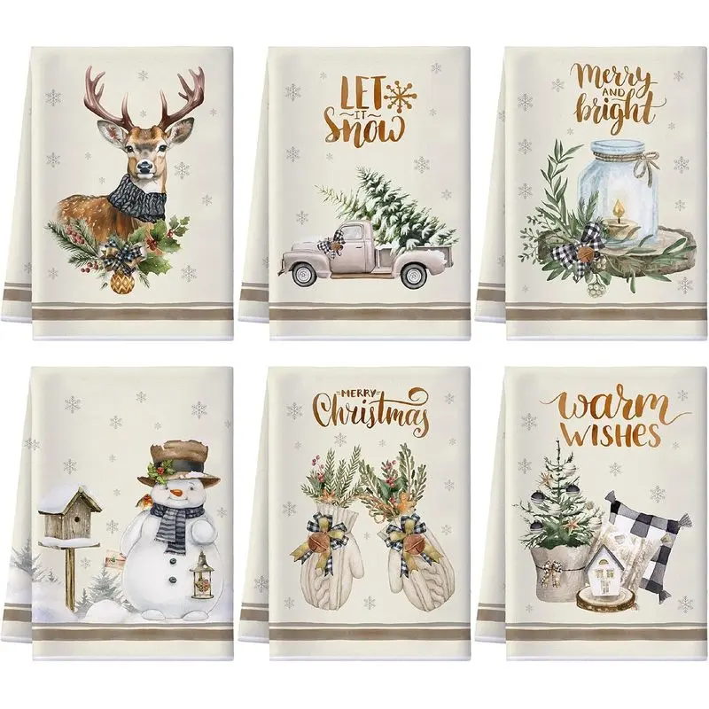 6 Pcs Christmas Kitchen Towels 16 x 24 Inch Absorbent Christmas Dish Hand Towels Xmas Truck Snowman Reindeer Tea Dishcloths for Winter Holiday Bathroom Decor Housewarming Gifts(Classic Colors)