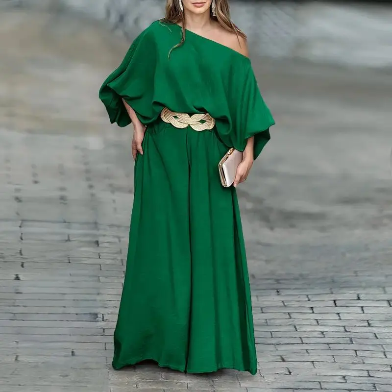 Women's 2-Piece Pants & Top Set - Skew Neck Lantern Sleeve Top, Wide Leg Pants, Ideal for Wedding Guests