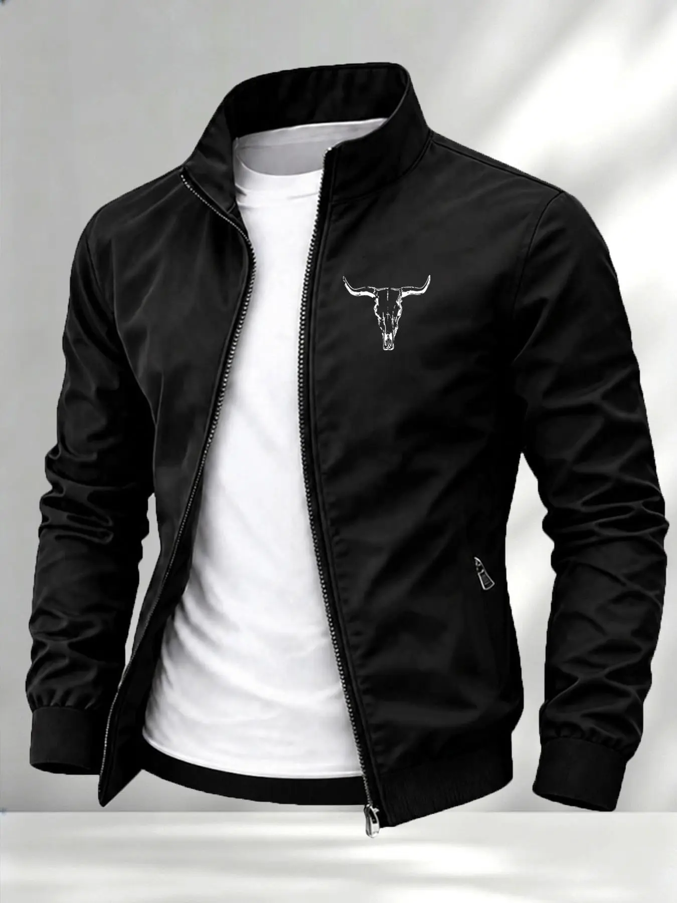 Men's Bull Head Pattern Stand Collar Jacket, Trendy Zipper Outerwear, Street Style Casual Coat, Street Fashion Outerwear, Multi-Color, All Seasons