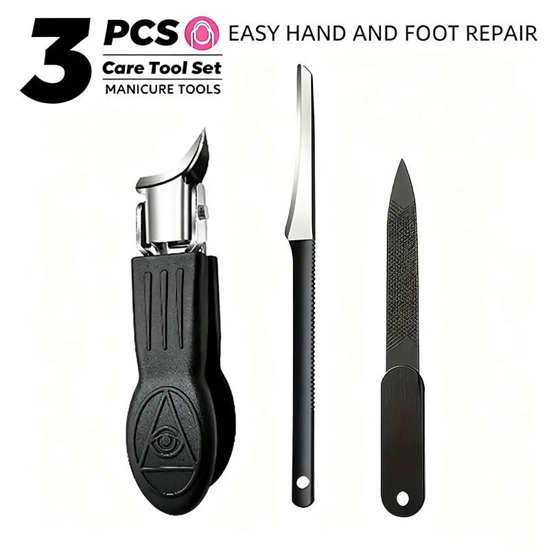 3pcs Professional Manicure Pedicure Tool Kit, Curved Blade Toenail Clipper, Pedicure Peeling Knife & Nail File, Stainless Steel Foot Care Set