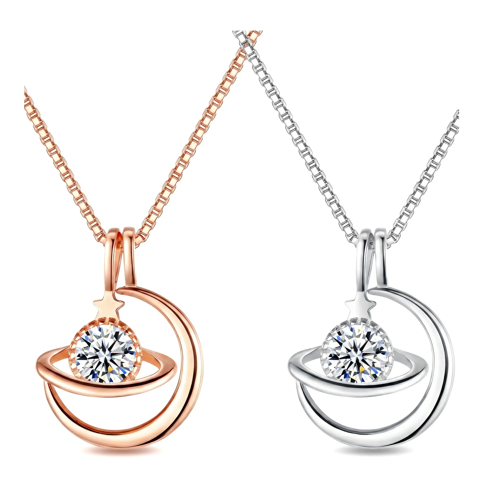 Celestial Planet Pendant Necklace for Women, Mystical Geometric White Bronze Charm in Rose Gold or White Gold Tone, Hypoallergenic Casual Accessories, GF Gift