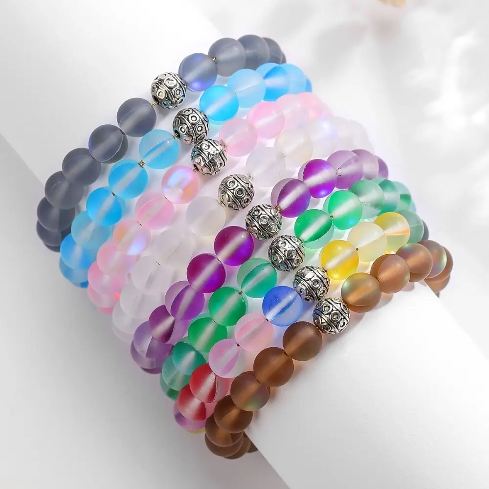 Beaded Bracelet for Women, 8mm Rainbow Moonstone Round Beads with an Iridescent Glow, Elastic Boho Chic Aesthetic for Daily Wear, Manual Screening, Rainbow Stones, Natural, Flash Effect, Wrist Jewelry, Hand-Screened, Casual, Female, Glowing Wrist Jewelry