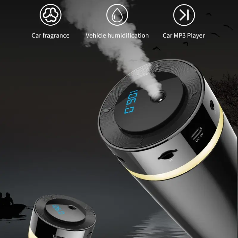 Car Bluetooth FM Transmitter & Aromatherapy Humidifier - Hands-Free Calling, CVC Noise Cancelling, LED Display, AUX/U-Disk Music Player, RGB Atmosphere Light for 12V Vehicles