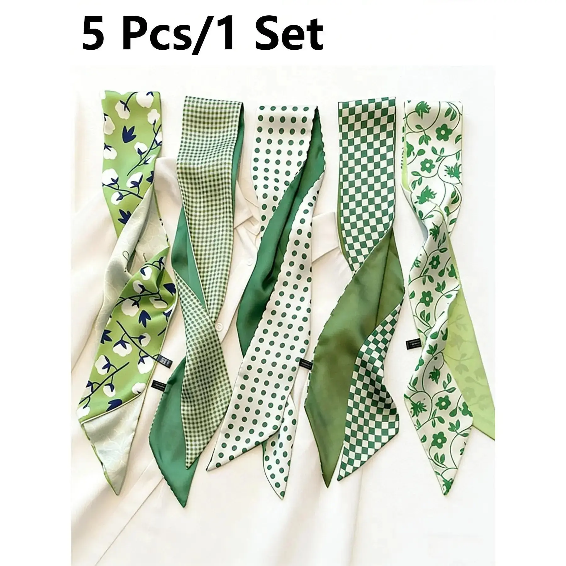5PCS French Chic Twilly Scarf Set for Women, Coquette Floral Polka Dot Hair Scarf & Headband Collection, Vintage Neck Scarf, Bag Charm Ribbon, Soft Polyester Fashion Accessory for Travel, Office & Daily Wear
