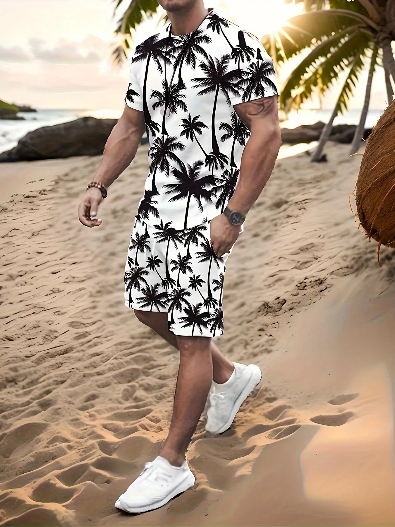 Men's Hawaiian-style Tropical short-sleeved T-shirt and shorts set, suitable for summer vacations and beach trips, a casual and sporty two-piece summer outfit.