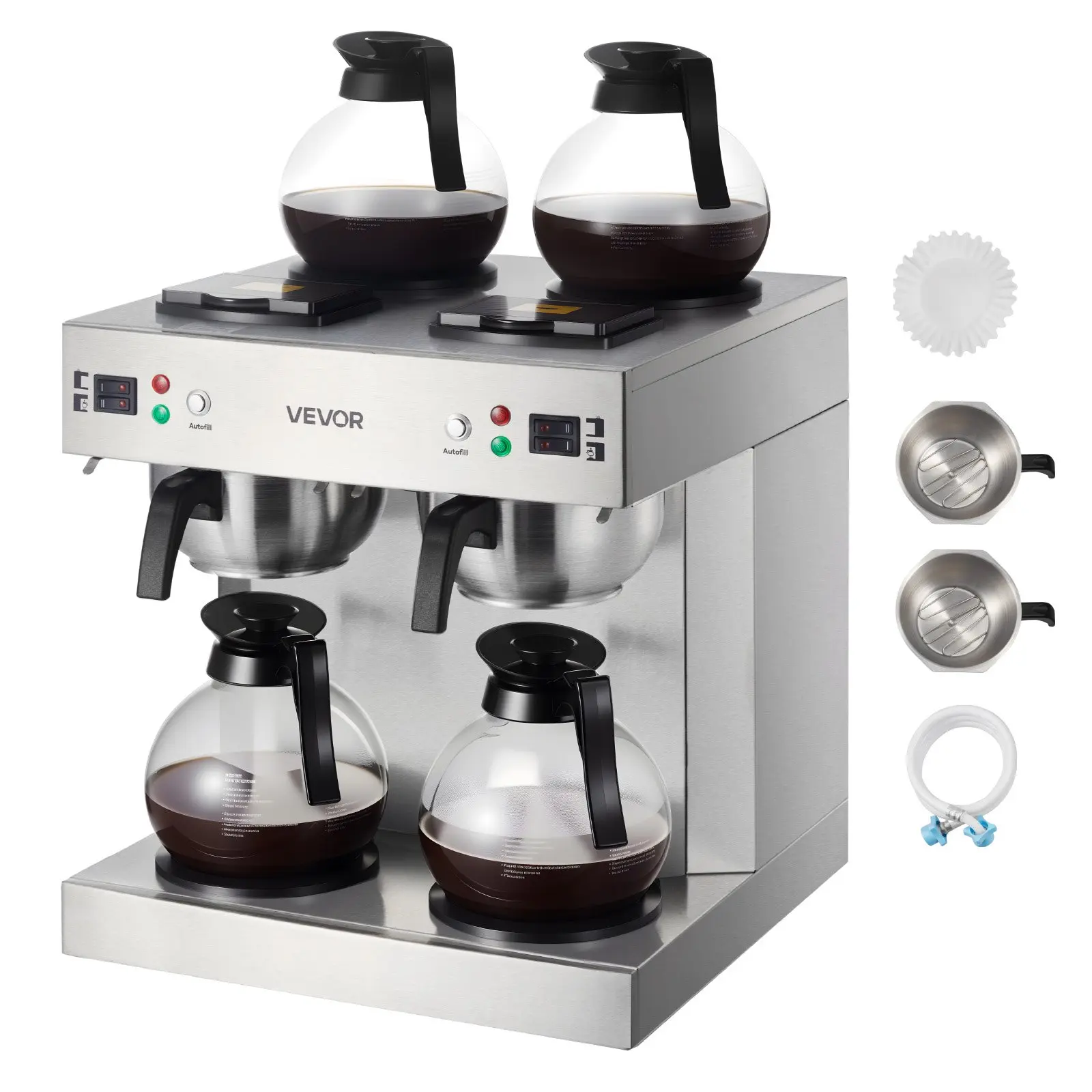 VEVOR Commercial Drip Coffee Maker, 24 Cups Coffee-Maker Machine with 4 Glass Carafes and 4 Decanter Warmer Plates, Stainless Steel Dual-Head Coffee Brewer, for Restaurant, Office, Coffee Shop Home
