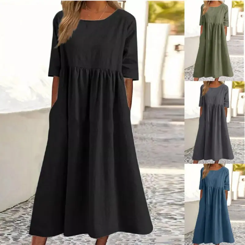 2026 Spring Summer Cotton Linen Dress Women Crew Neck 5/5 Sleeve Loose Long Maxi Dress Solid Color Casual Plus Size Dress