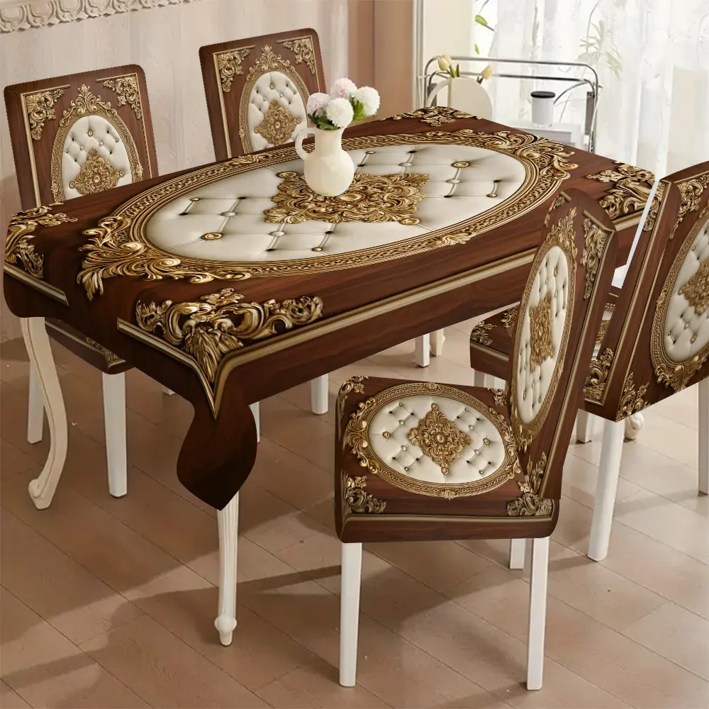 5/7pcs Golden Baroque Geometric Elastane Chair Slipcover & Tablecloth Set - Durable, Easy Care & Installation, Ideal for Home Dining Room Decor, Party Use & Gifting