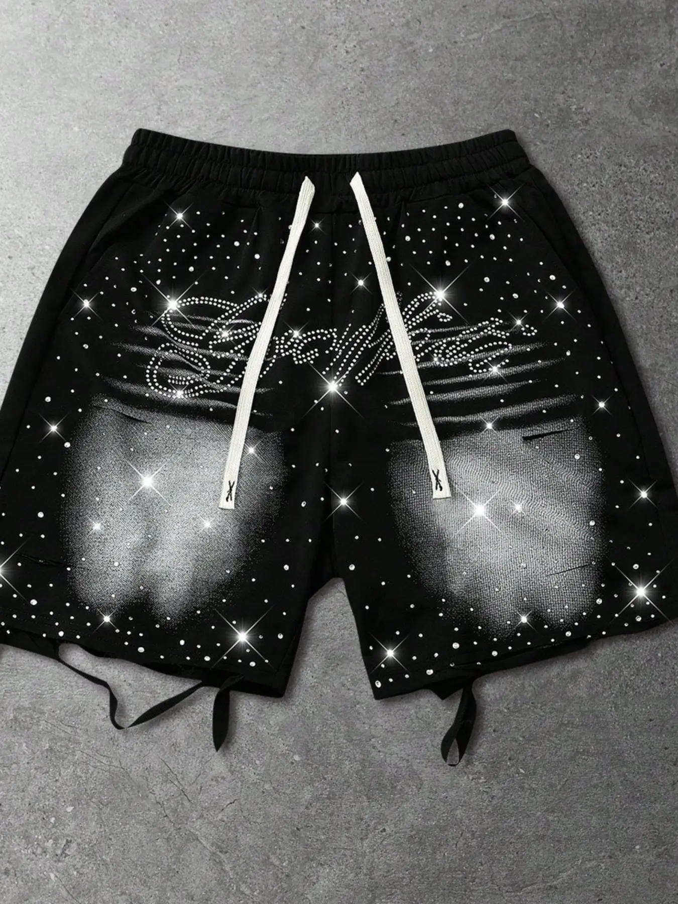 Men's Rhinestone Letter Print Drawstring Casual Shorts, Y2K Hip Hop Streetwear, Graphic, Soft Breathable Fabric, Elastic Waistband & Relaxed Straight Leg Cut, All-Over Rhinestone Detail & Tie Ends, Great for Night Out, Parties & Urban Styling