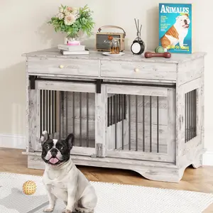 47" Dog Crate with Divider – Furniture Style Wooden Kennel, Removable Panel for Large/Medium/Small Dogs, End Table Crate for Living Room, White