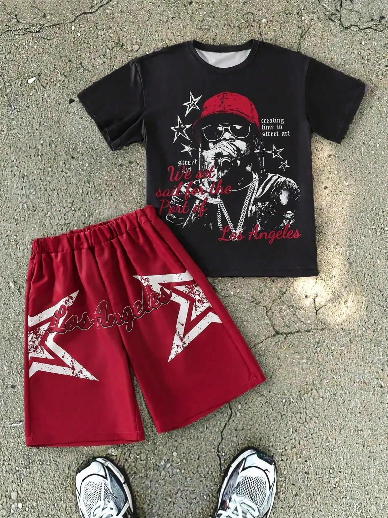 American Hip-Hop Portrait Short Sleeve Set, Los Angeles Star Print Boys' Two-Piece, Casual Loose-Fitting Suit