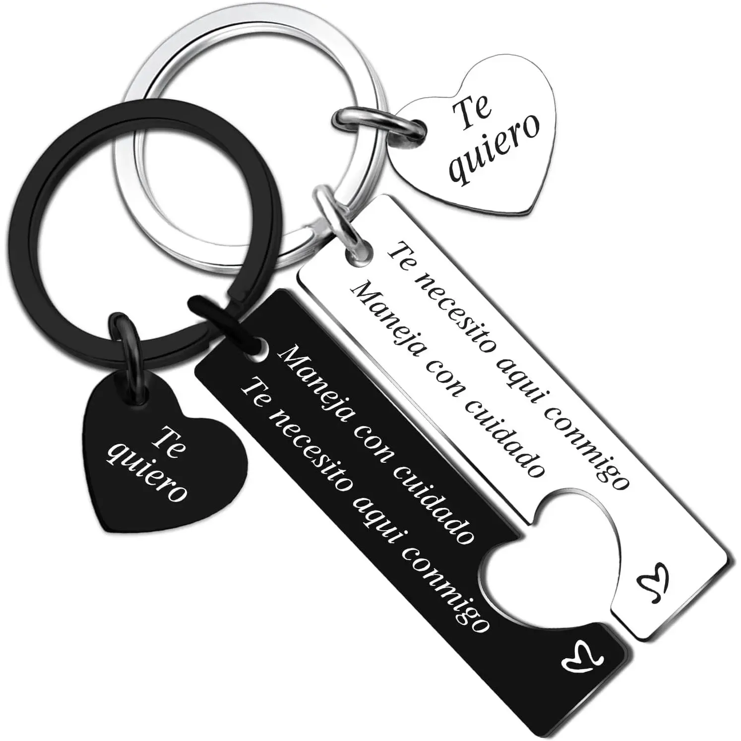 Matching Keychain Set for Couples, Engraved Stainless Steel with "Maneja Con Cuidado" Phrase, Romantic Anniversary Gift for Him, Engraved Phrase
