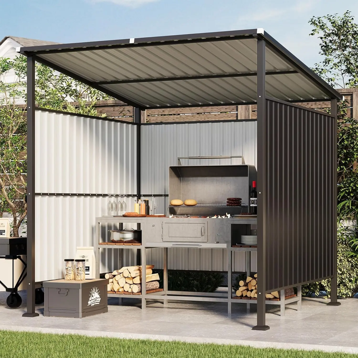 Aoxun 6x6FT Metal Outdoor Gazebo - BBQ Shelter Canopy, Pergola with Roof, Solar-Lit Metal Awning for Patio, Decks, Grill & Pet Use