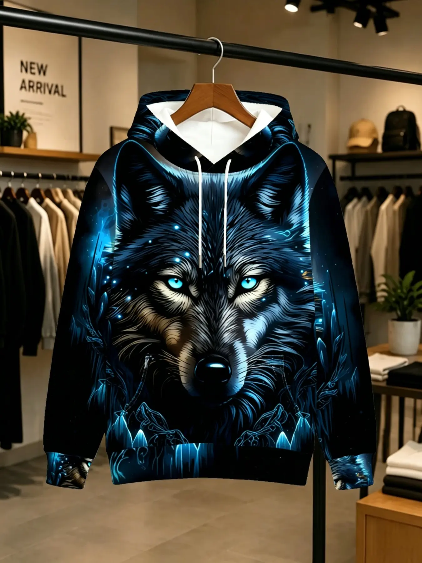 Men's Wolf Head Full Print Hoodie, Mystical Forest Glowing Eyes Animal Pattern, Loose-Fit Long Sleeve Casual Sweatshirt, Trendy Men's Clothing