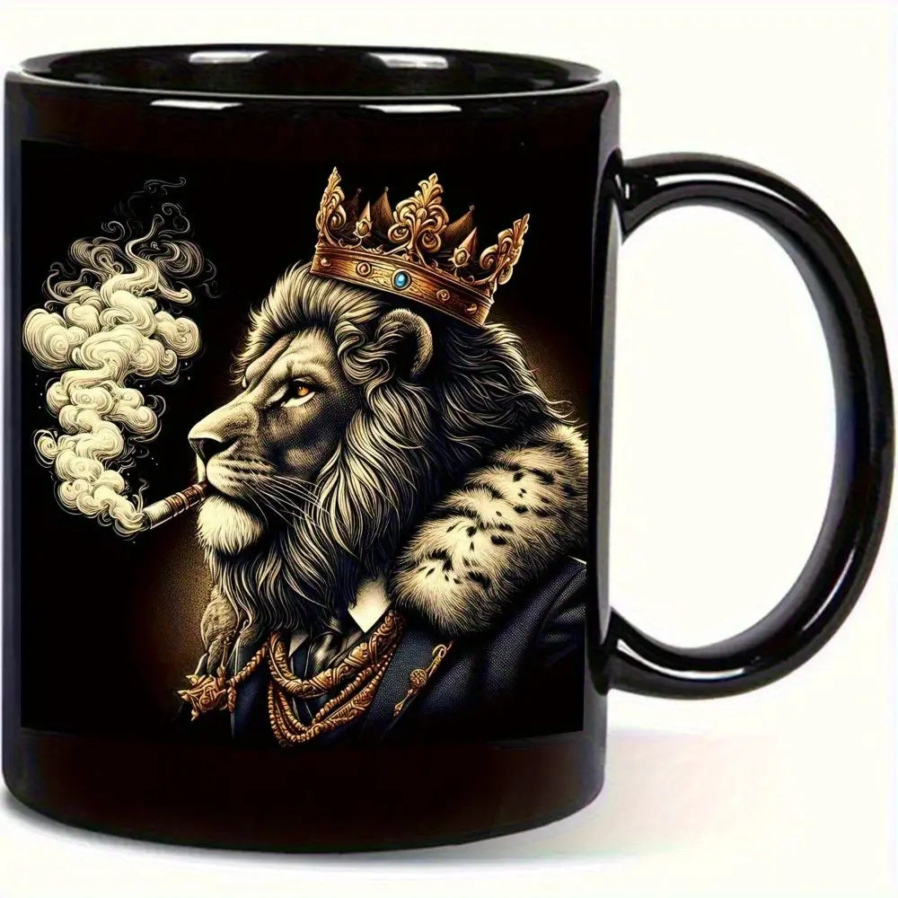 1pc 11oz Lion Ceramic Coffee Mug - Double-Sided Printed Black & Golden Regal Lion Design, Durable Ceramic Mug for Coffee, Tea, Milk - Office, Home, Holiday Gifts (Valentine's Day, Hanukkah, Mother's Day), Coffee Bar Accessories, Home Drinkware
