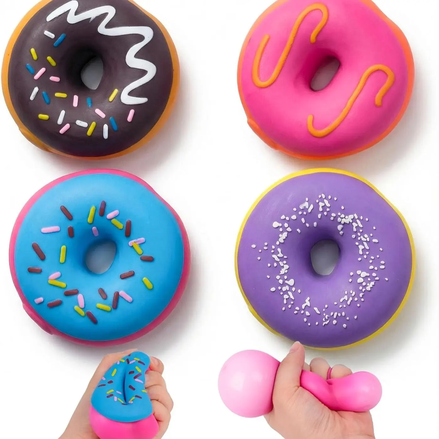 4-Pack Donut Stress Balls Set, Realistic Sensory Toys for Birthday Party Gifts, Photo Props, and Displays, Fun and Relaxing Accessories, Stress Ball Fidgets