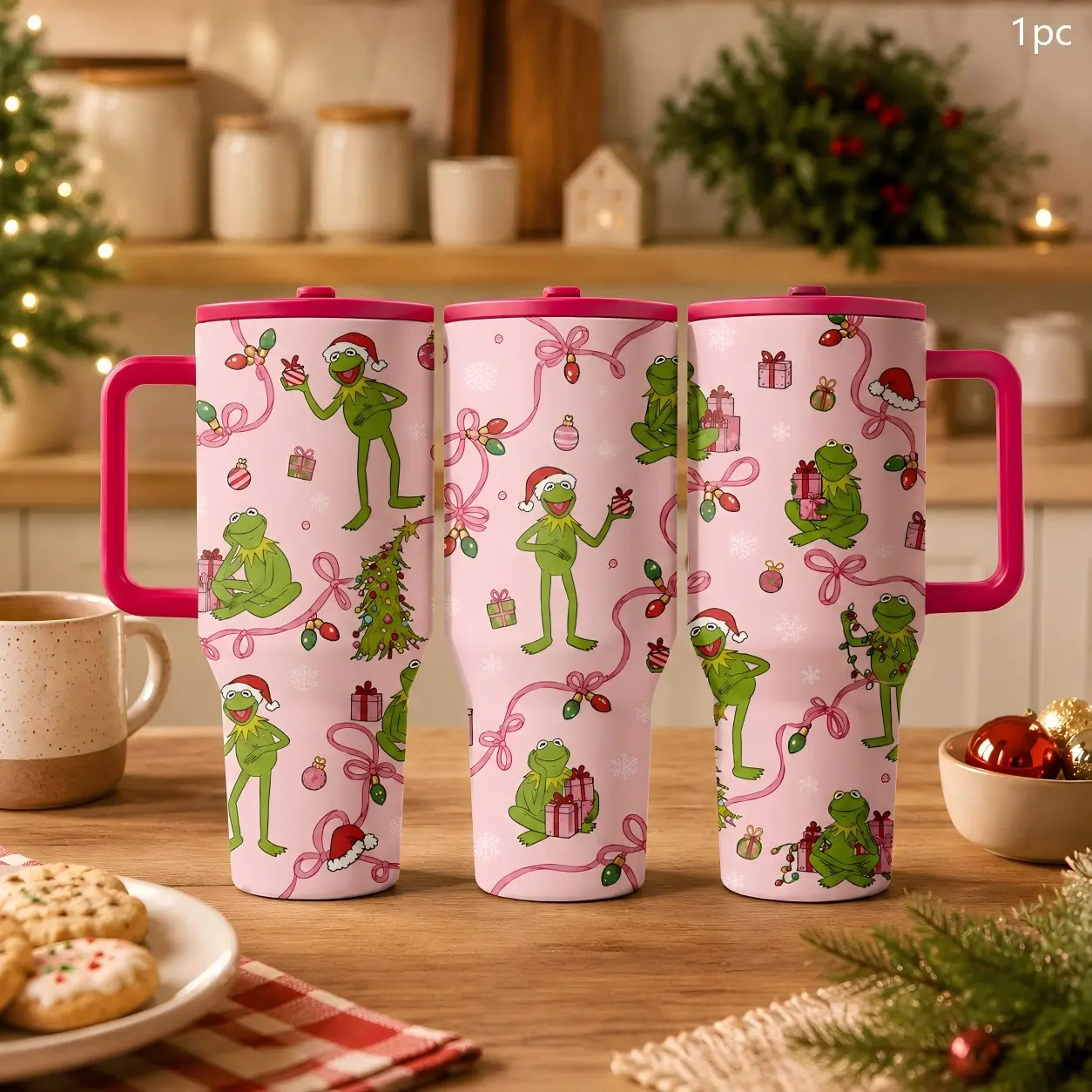 1PC 40oz Pink Christmas Green Frog Tree Gift Pattern Leakproof Insulated Tumbler with Handle & Leak-Proof Lid, Double Wall Vacuum Travel Mug, Hot 12H Cold 24H, Large Capacity Cup for Men Women, Christmas Holiday Gift