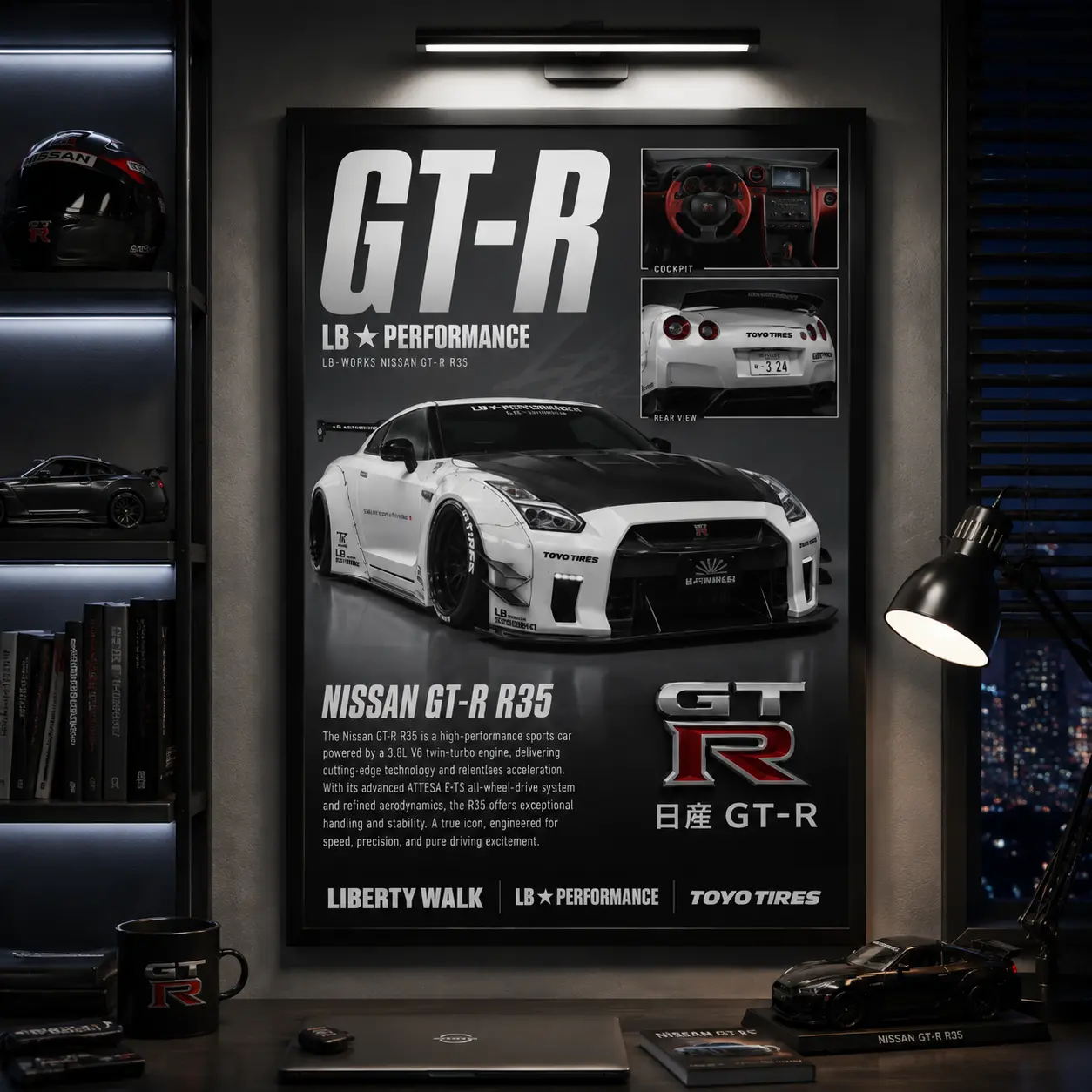 Nissan GT-R R35 LB Performance Canvas Wall Art Poster Liberty Walk JDM Racing Car Decor Supercar Garage Man Cave Bedroom Living Room Office Automotive Gift for Car Enthusiasts Speed Style