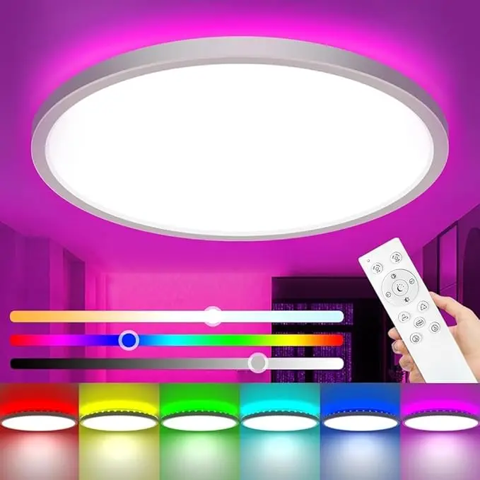 12in RGB Flush Mount LED Ceiling Light with Remote, 24W 2400LM 3000K-6500K Color-Changeable Dimmable PC Fixture, 0.98-inch Thick, High Color Rendering Index, 60s Timer, Memory Function, Modern Design, Round for 8-20m² Bedroom/Kids Room Indoor Use