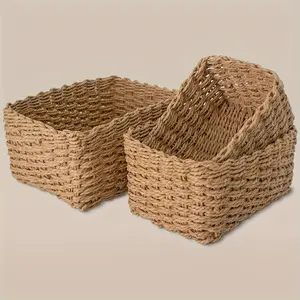 3pcs Handmade Woven Storage Basket Set, Large Straw Organizer for Kitchen Organizers and Storage, Bathroom Baskets, Bedroom, Perfect Holiday Gift