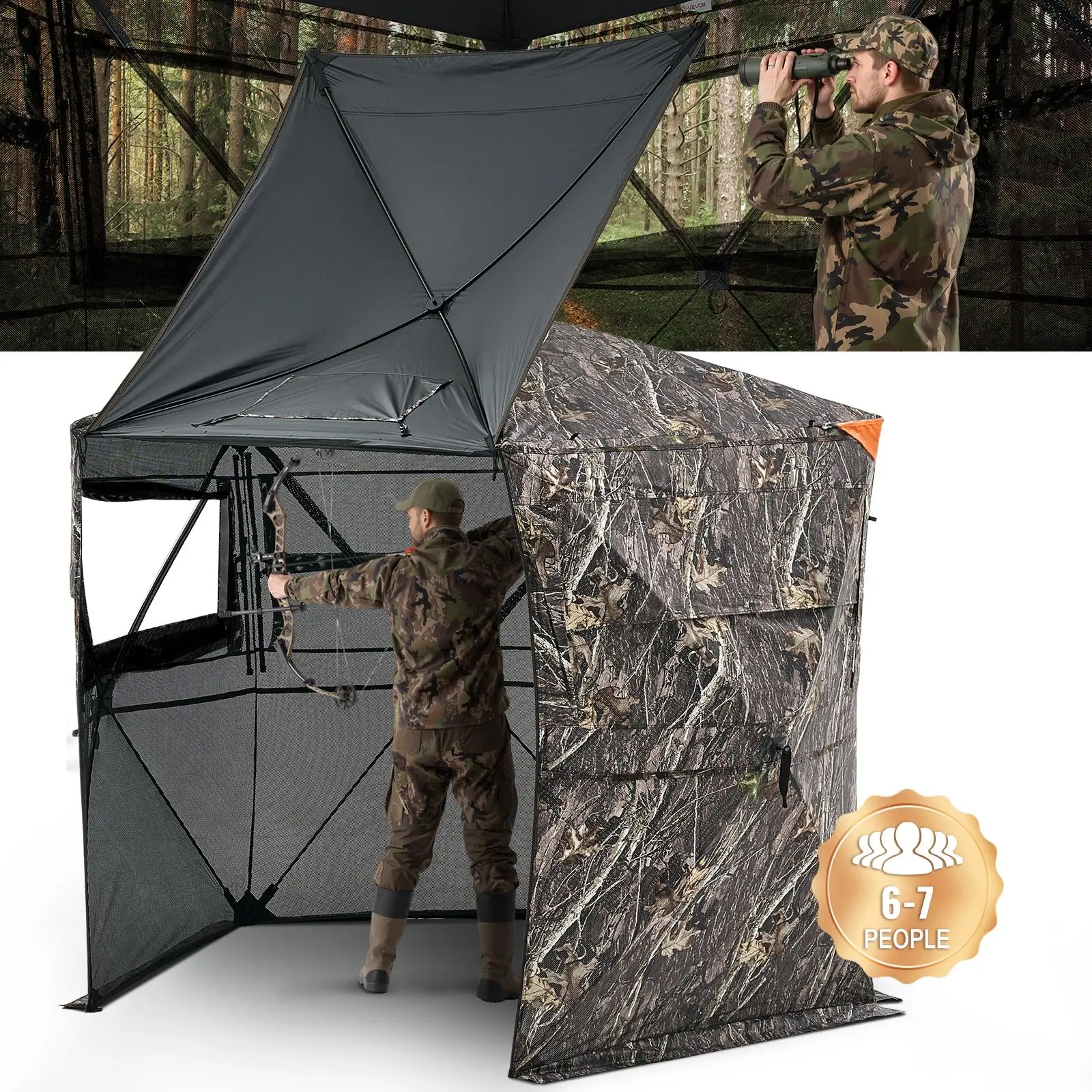 VEVOR Hunting Blind, 6-7 Person Waterproof Ground Blind with 288° View, Ground Fit 5-Side See-Through Design, Silent Zipper Door & Window, Durable Concealed Shelter, Portable Camouflage Tent with Carrying Bag for Turkey Hunt