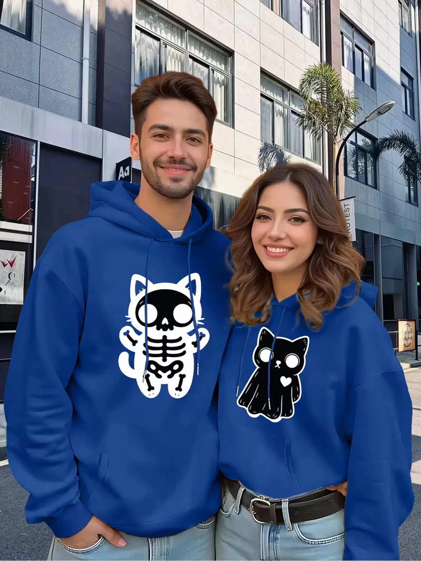 2Pcs Solid Color Couple Hooded Sweatshirts with drop shoulder design, wrinkle-resistant polyester fabric, machine washable, basic casual tops for couple daily outfits. 3