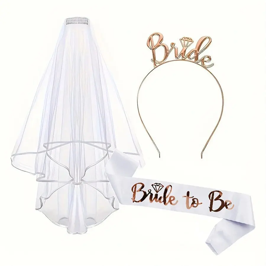 3Pcs Bride To Be Veil Sash Set,Rose Gold Sash with Headband for Bridal Shower Bachelorette Party Wedding Engagement Party Accessories