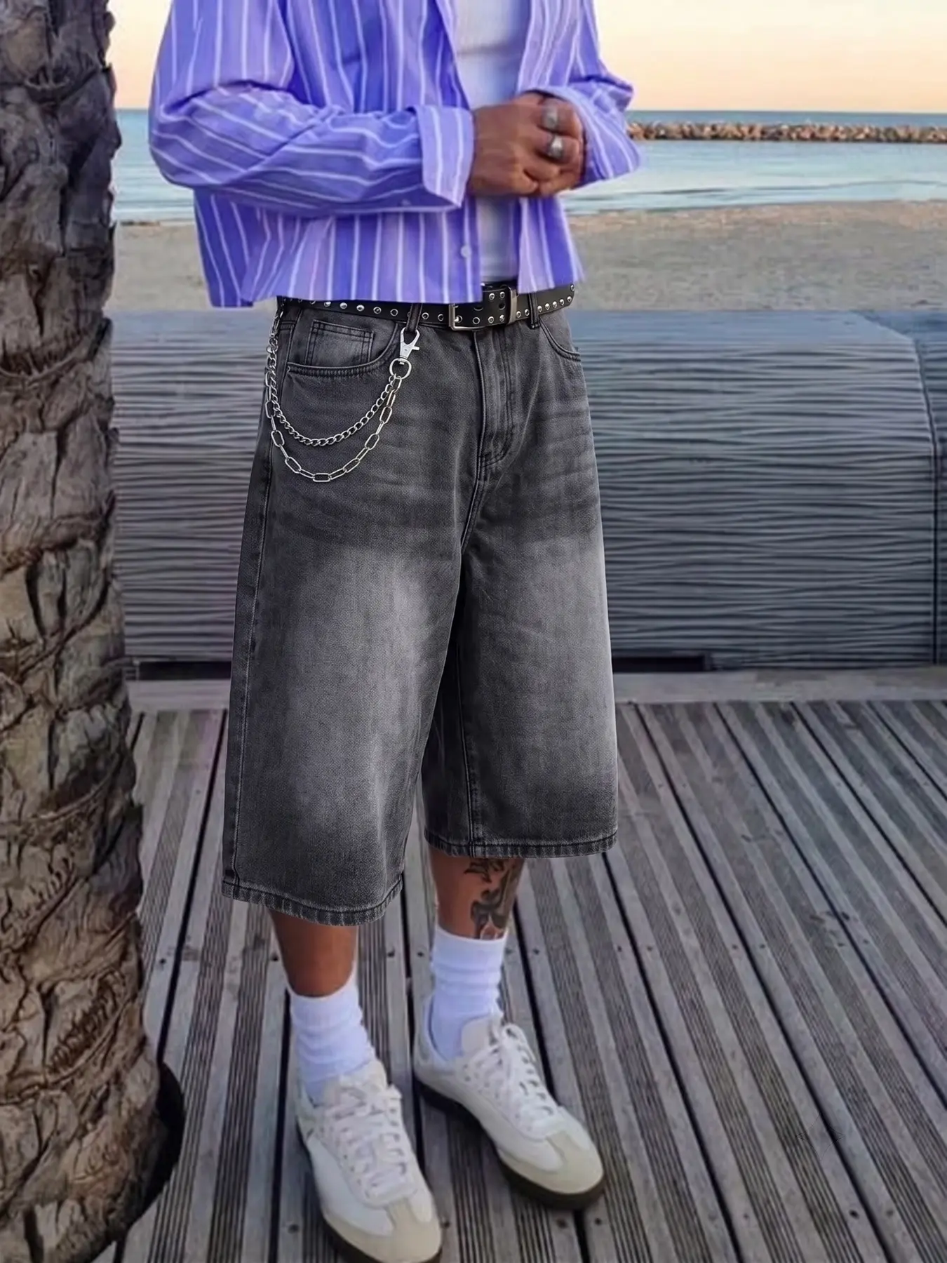 Men's Vintage Faded Blue Loose Wide Leg Jeans Shorts, Y2K Oversized Plus Size Knee-Length Streetwear Casual Capri Pants, Vibe