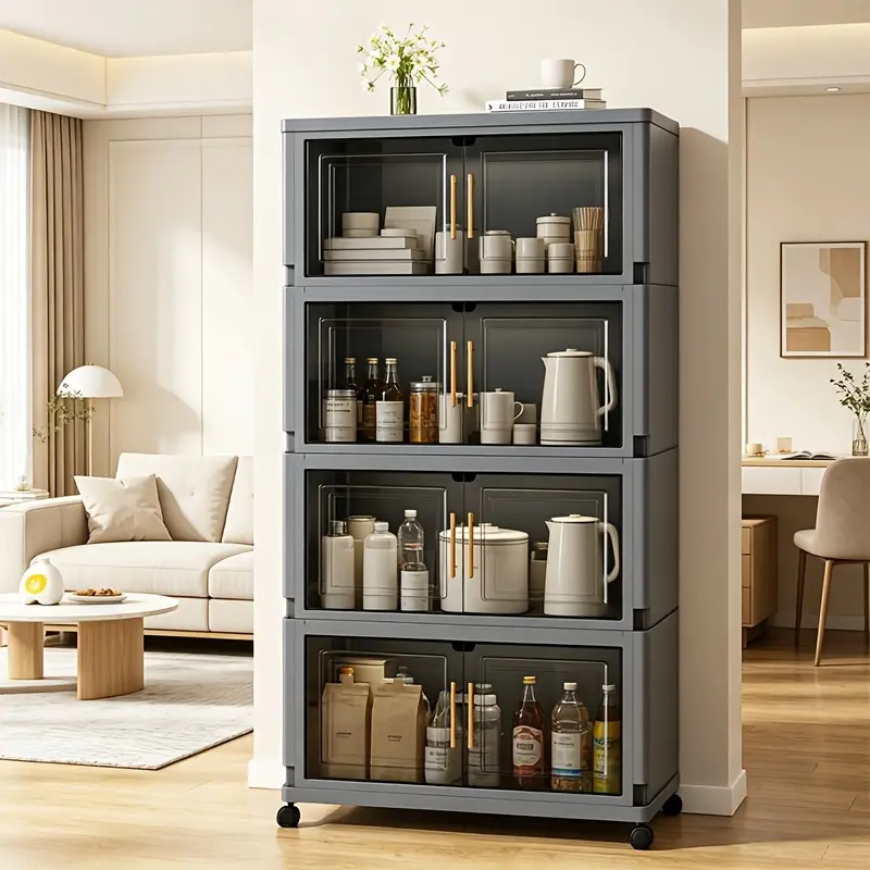 3/4/5/6 layer large capacity plastic storage box with lid, foldable organizer and storage cabinet with swivel wheels, wardrobe storage box and storage box stackable, magnetic door household clothing, snacks and miscellaneous storage box