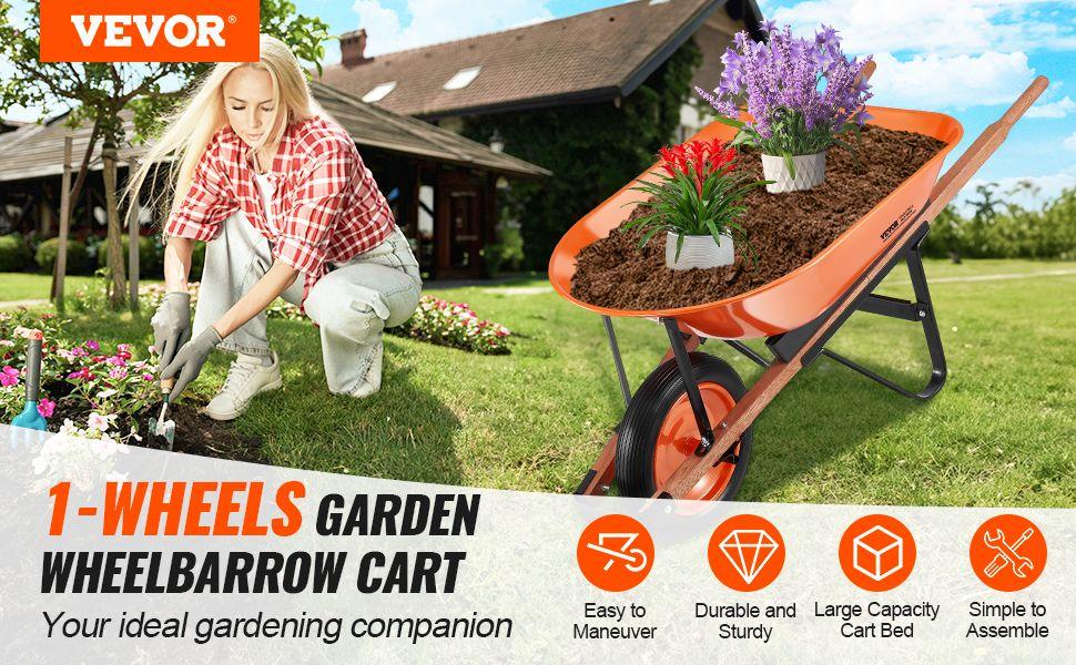 VEVOR Wheelbarrow Cart, 5 Cu. Ft. Load & 265 lbs Capacity, One Wheel Garden Dump Cart, Garden Wagon with Metal Handle & 16" Wide Track Wheels, Easy Loading Utility Yard Cart & Wagons for Lawn Farm VEVOR Wheelbarrow Cart, 5 Cu. Ft. Load & 265 lbs Capacity, One Wheel Garden Dump Cart, Garden Wagon with Metal Handle & 16" Wide Track Wheels, Easy Loading Utility Yard Cart & Wagons for Lawn Farm