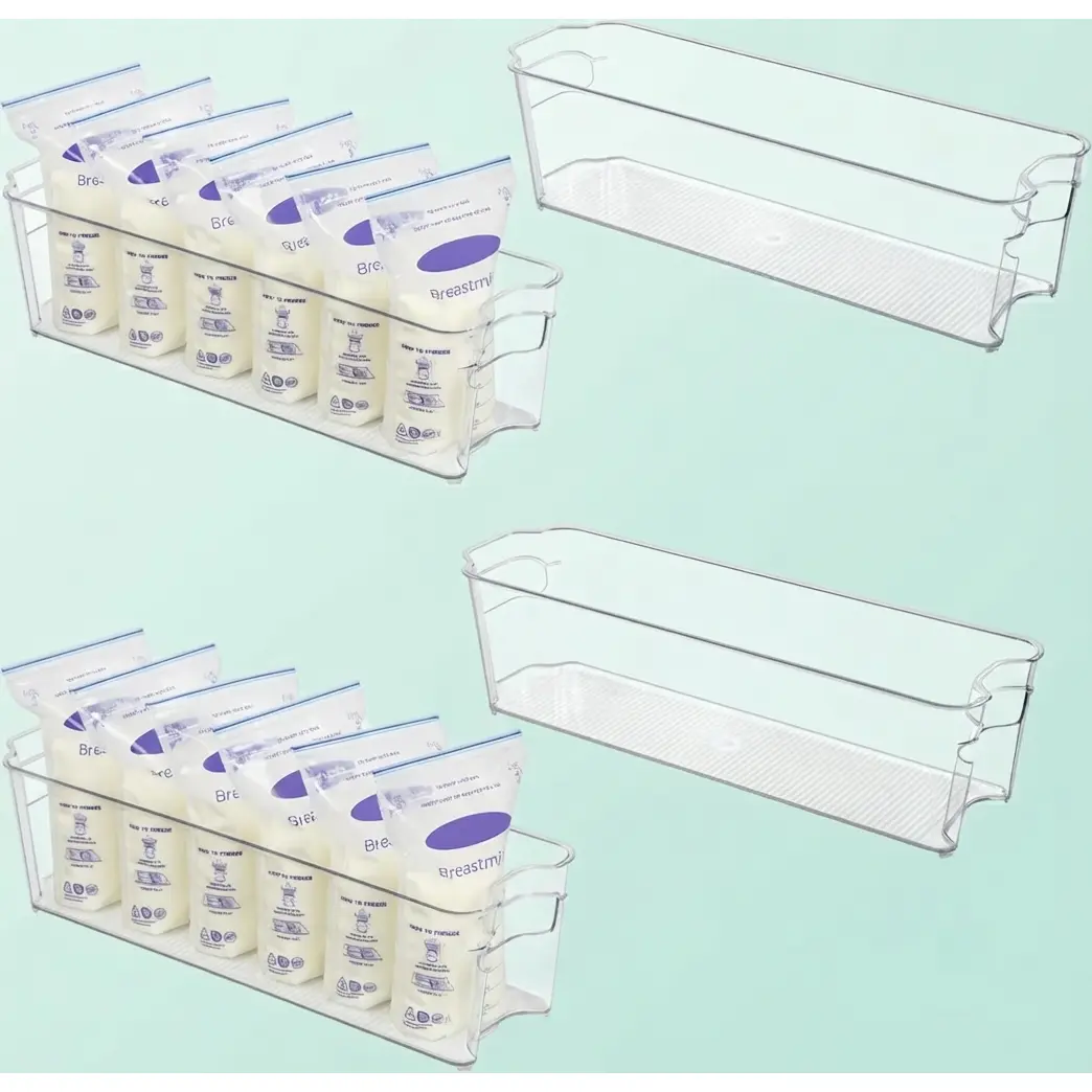 【HUOMAQFAN】 4-Pack Clear Plastic Breast Milk Storage Organizer Bins with Handle Grips, 4.3" W x 14.7" L Space-Saving Holders for Baby Bottles, Formula Pouches in Fridge, Freezer