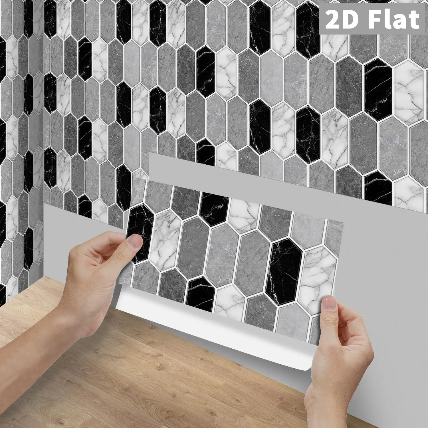 6/12/24/48Pcs FG Black White Mixed Long Hexagon Marble Tile Stickers, Peel&Stick Waterproof Backsplash Kitchen Bathroom DIY Decor Wall Stickers Wall Decal