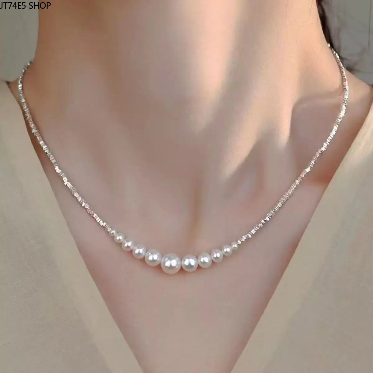 Pendant Necklace with Pearls and Broken Silver Metal Coating, French Minimalist Style, Light Luxury Unisex Jewelry for Daily Wear