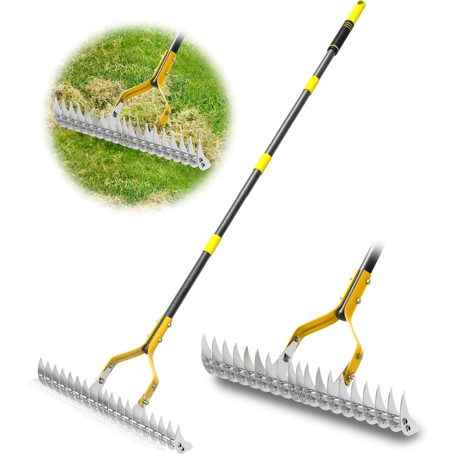 Thatch Rake with 70 Inch Metal Long Handle, Dethatcher Rake for  Grass | 15" Stainless ,  Anti-Slip Grip, Heavy-Duty Steel Lawn Rake , Efficient Grass Dethatching Tool for Yard & Garden