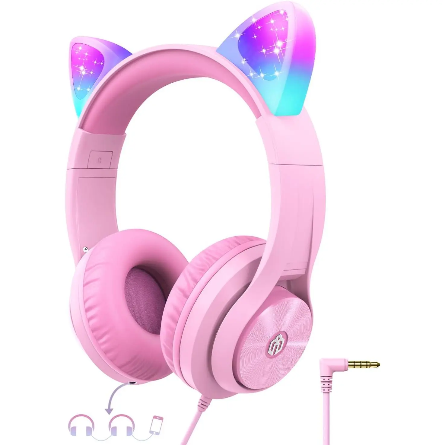 Headphones with  Ear Led Light Up, Safe Volume Limite, FunShare, Foldable, Over-Ear Headphones for  for School/iPad/Tablet/Travel, Meow Donut-