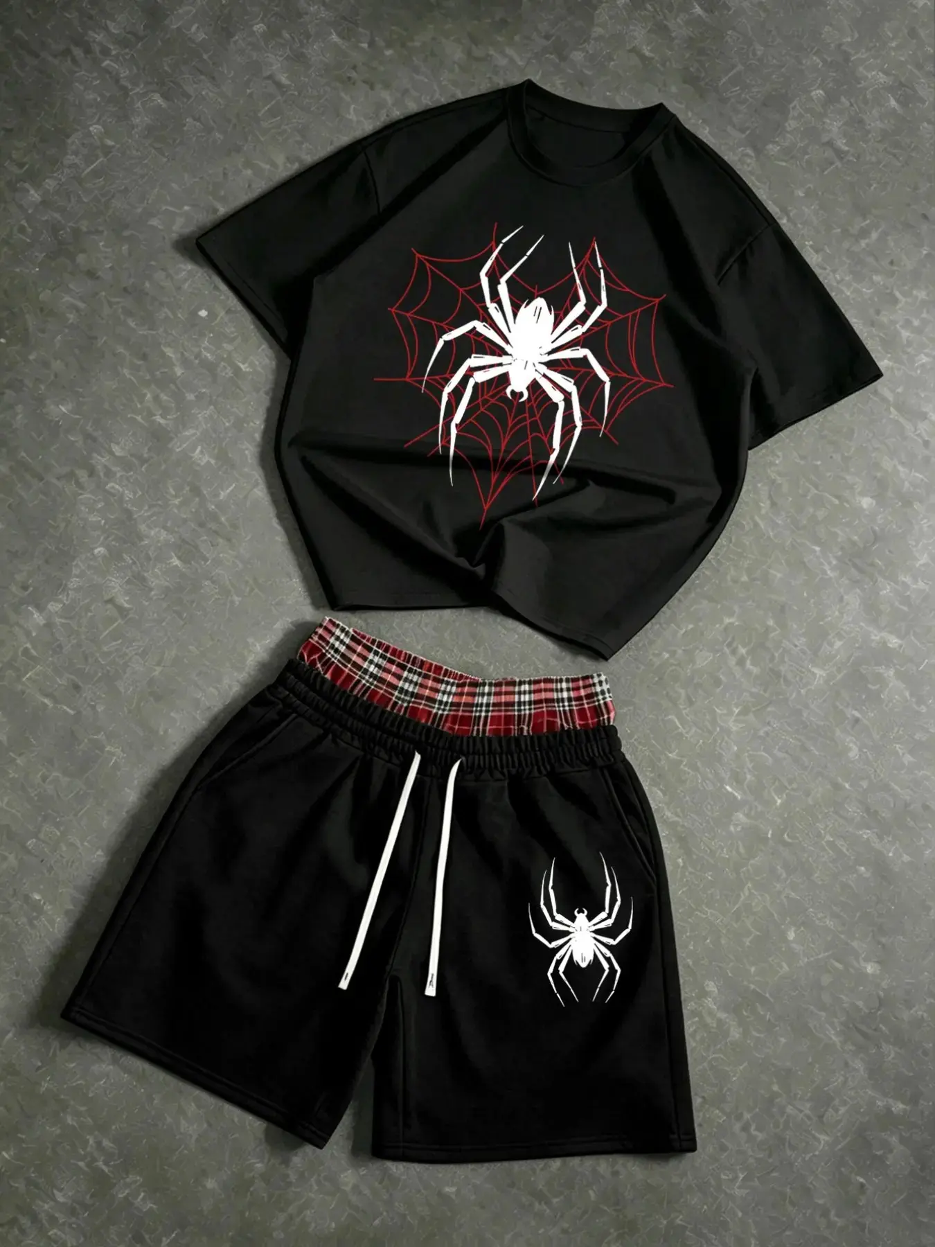 Dark Street Style Short Sleeve Shirt and Shorts Set, Spider Theme Design, Perfect for Summer Daily Wear, Sports, and Cool American Casual Style