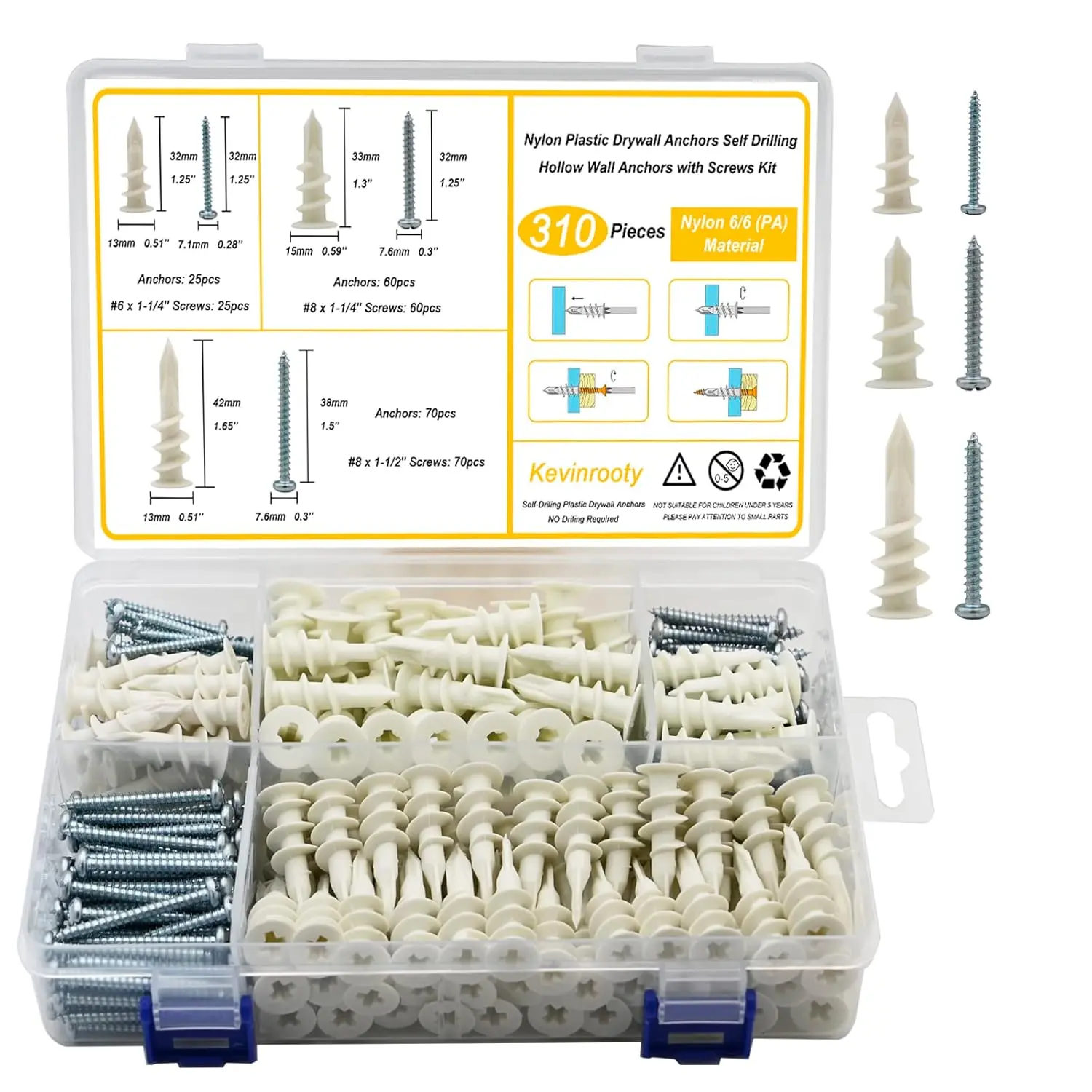 3 Sizes of Self-Drilling Drywall Anchors, 310PCS Nylon Plastic Wall Anchors and Screws for Drywall, No Pre-Drill Hole Preparation Required, 13x32mm, 15x33mm, 13x42mm