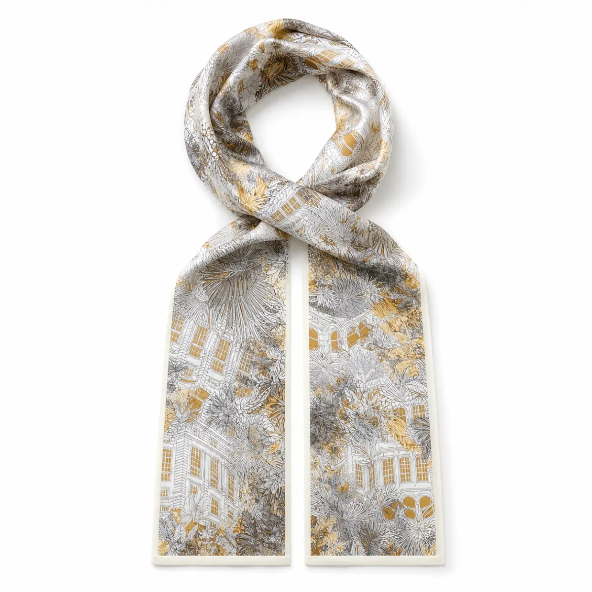 Women's 100% Mulberry Silk Charmeuse Long Skinny Scarf - Fashion Shawl, Botanical & Architectural Print, Neck Tie, Hair Wrap Accessory